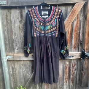 BIYA Johnny Was silk embroidered DRESS peasant boho Small black